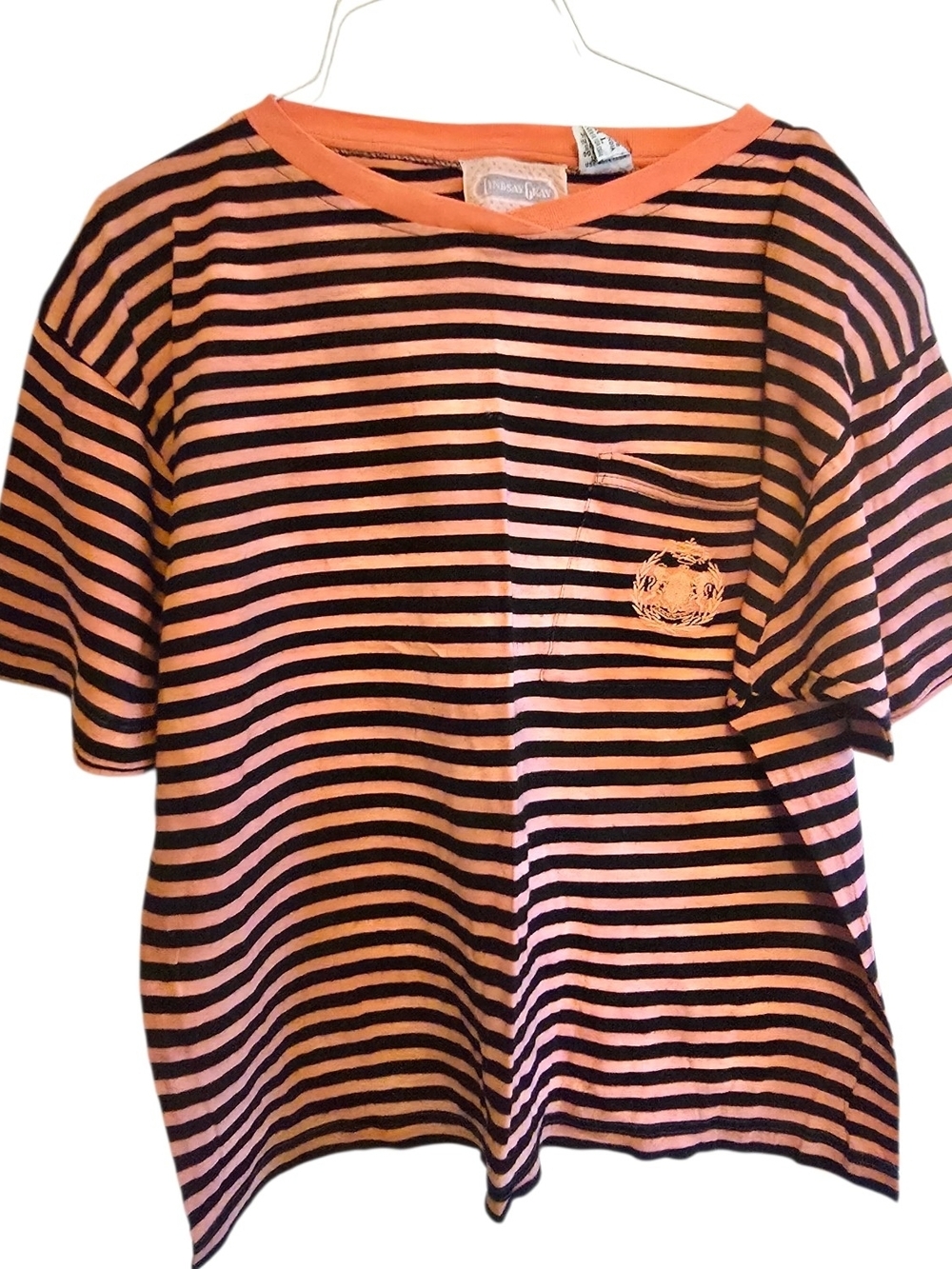 Vintage 90s Lindsay Gray Striped Pocket Tee - Peach & Black